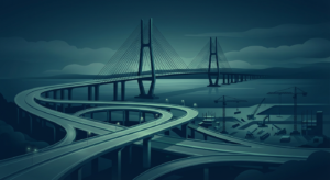 complex network of highway interchanges and cable-stayed bridges over water, representing bridge and highway projects.