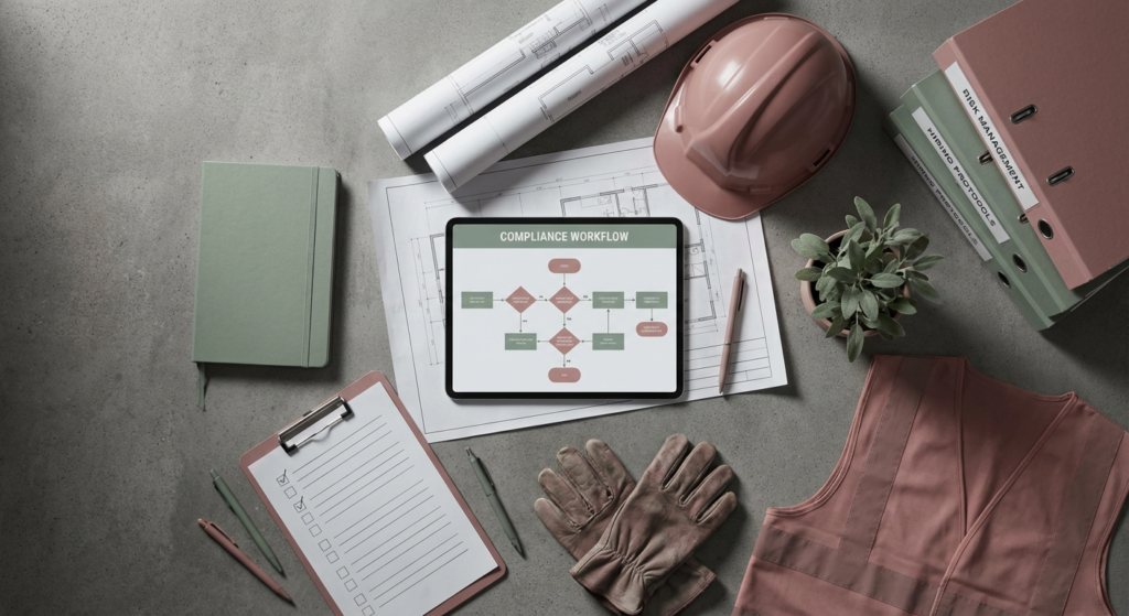 crane operator wearing a hard hat, inspecting a large construction crane against a clear sky.