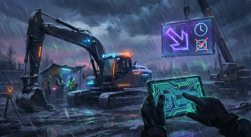 construction site art at night with heavy snow and work march weather delays