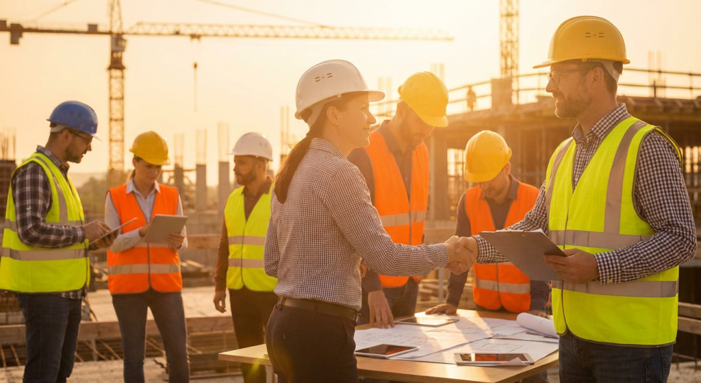 diverse construction professionals shaking hands at a project site, ideal for construction recruitment.
