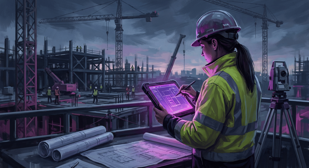 female construction project manager reviewing blueprints on a glowing tablet at a nighttime job site.