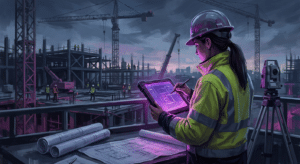 female construction project manager reviewing blueprints on a glowing tablet at a nighttime job site.