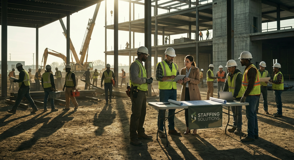 diverse group of construction staffing professionals and workers on a dusty job site with a steel-framed building and heavy machinery.