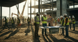 diverse group of construction staffing professionals and workers on a dusty job site with a steel-framed building and heavy machinery.