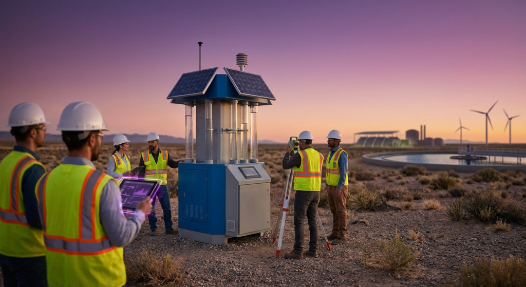 environmental engineers monitoring a solar-powered environmental sensor in a desert landscape at sunset.