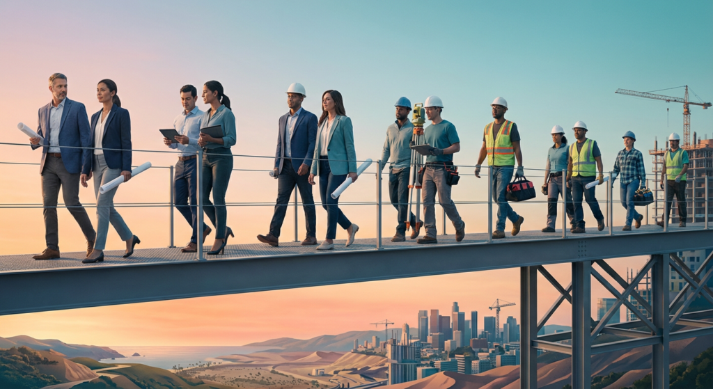 diverse group of professionals, architects to laborers, walking across a bridge symbolizing construction talent movement over a sprawling landscape.