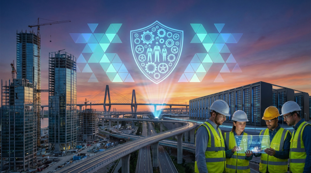 construction workers in hard hats planning on a large blueprint, showcasing risk mitigation strategies.