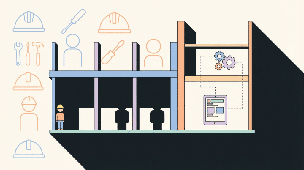 illustration of workforce shortages: many empty worker slots, one worker, and automation filling the gap.