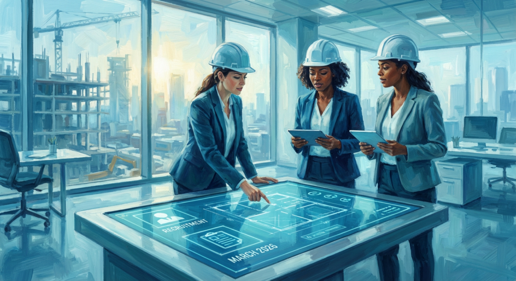 three women leaders in hard hats reviewing a construction blueprint on a digital table.