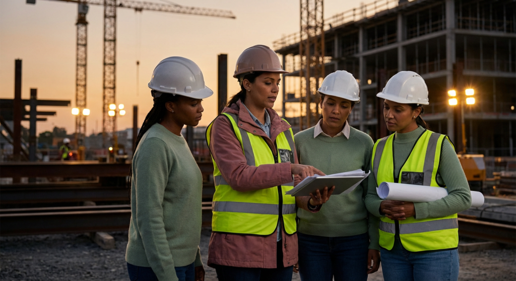 four women in hard hats reviewing plans at a construction site, demonstrating women in construction leadership.