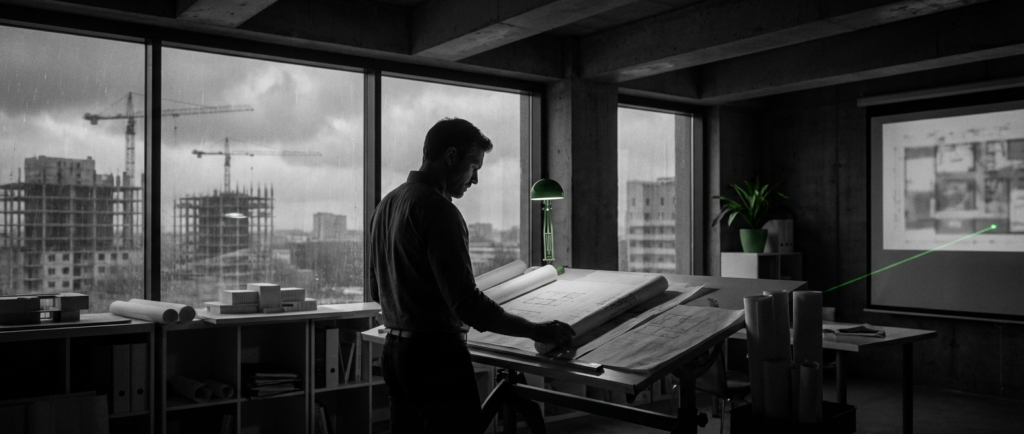 architect examining blueprints, ideal for leed project manager jobs amidst construction outside.