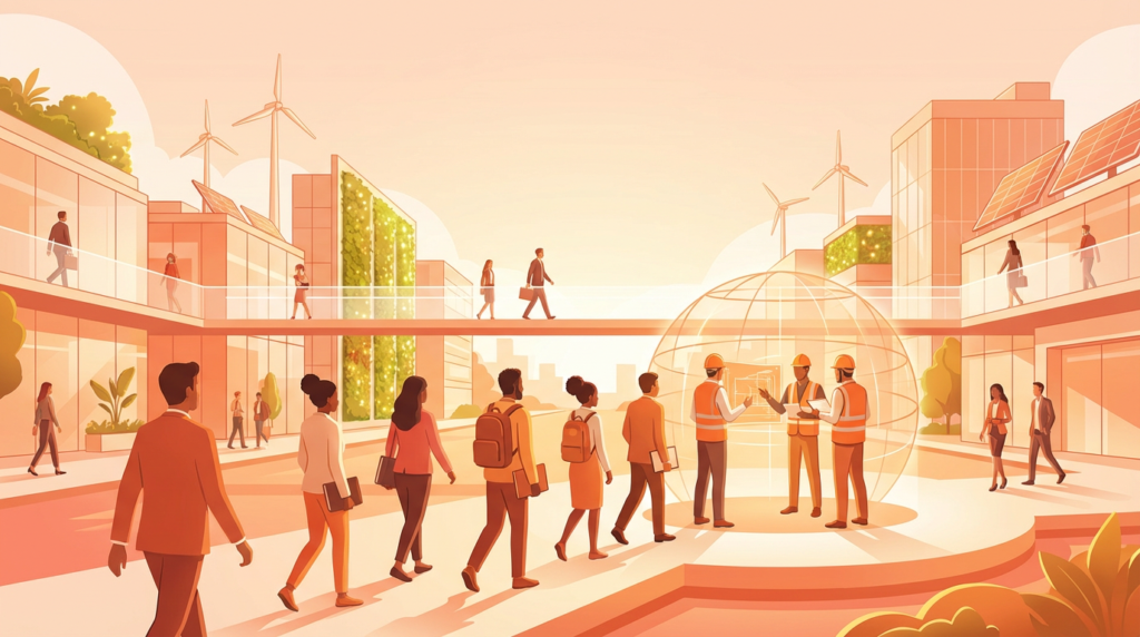 diverse professionals discussing sustainable engineering recruitment in a modern, eco-friendly city.