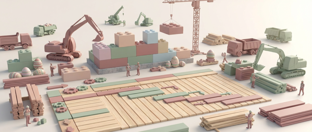 pastel construction site with small figures, toy vehicles, pastel eggs, and blocks for easter construction scheduling.
