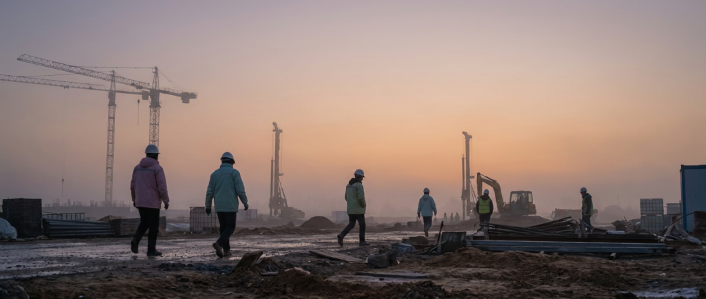early morning spring construction workforce walks across a muddy building site with cranes and heavy equipment.