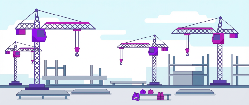 multiple purple tower cranes stand idle at a construction site indicating a crane operator shortage.