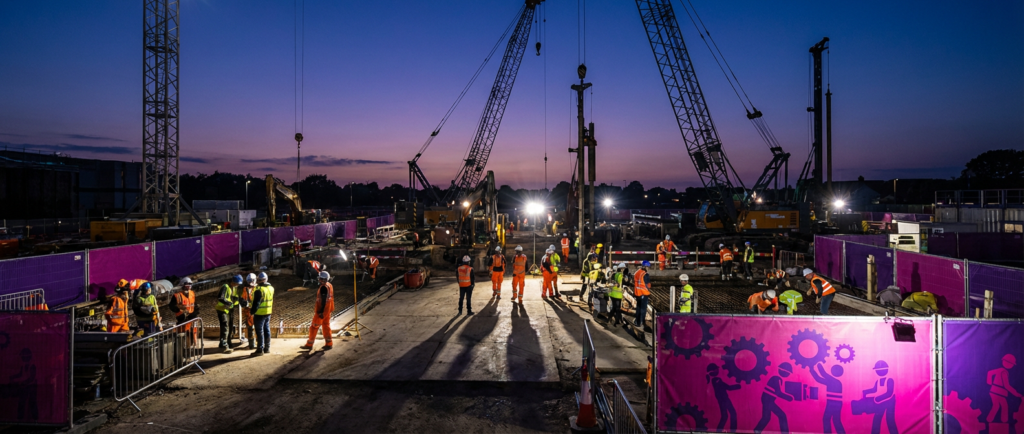 construction crews working under spotlights at night, showing a construction hiring surge.