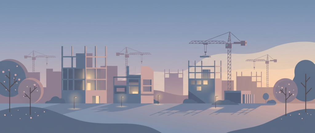 ongoing construction sites with cranes and early evening glow, suitable for april construction scheduling.