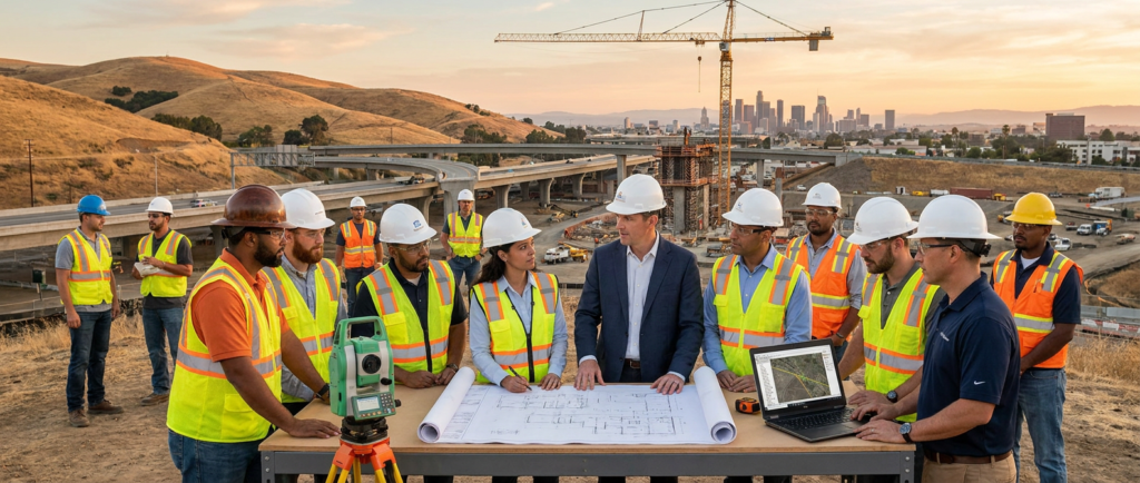construction crew and engineers reviewing blueprints for a california prevailing wage construction project.