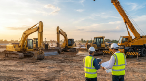 two construction workers discussing plans amidst large excavators signifying an equipment operator shortage.