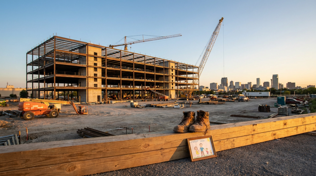 construction site at sunset with structure, cranes, work boots, and a child's drawing, suggesting construction holiday staffing.