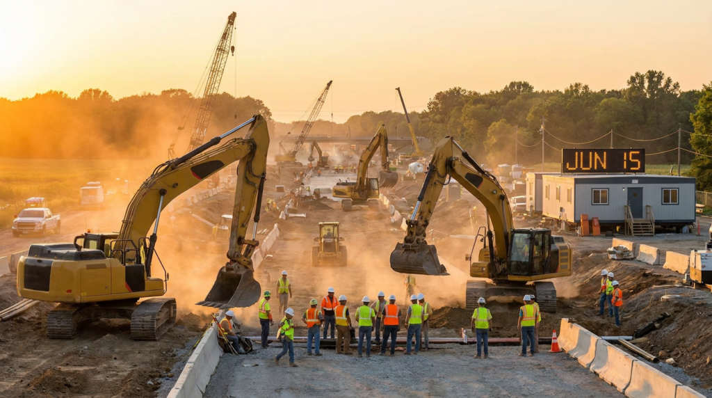construction workers and excavators at a dusty, large-scale construction site at sunset, ideal for construction seasonal staffing.