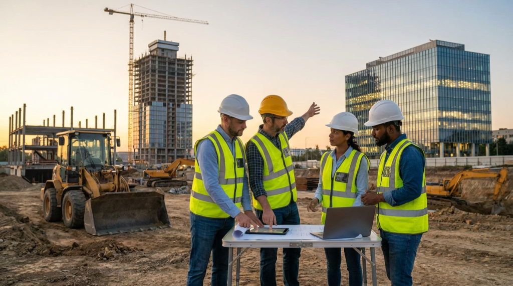 diverse field engineer recruitment team reviewing plans on a construction site.