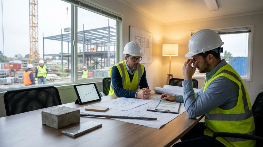 two male construction workers reviewing blueprints and a tablet chart, discussing construction workforce budgets.