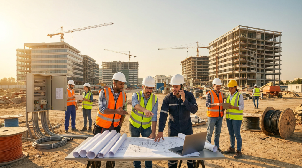 diverse engineers discussing blueprints at a construction site, ideal for electrical engineering recruitment