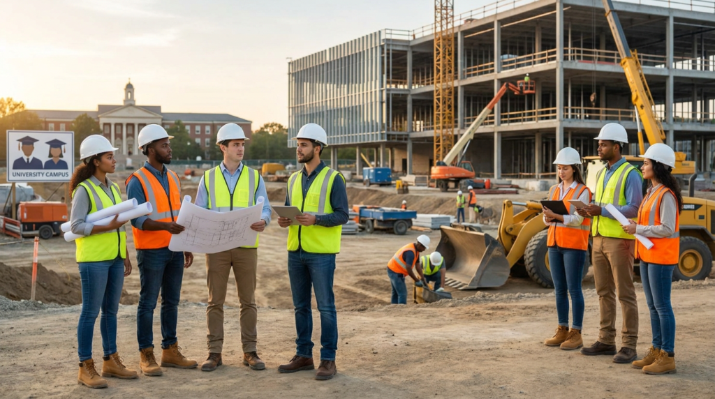 diverse group of entry level construction jobs workers observing a university building site with an excavator