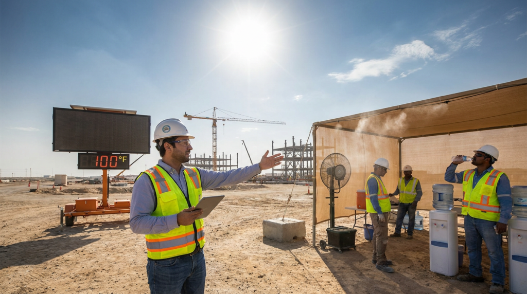 construction heat safety hiring: workers hydrate and cool down at a 100°f outdoor work site.
