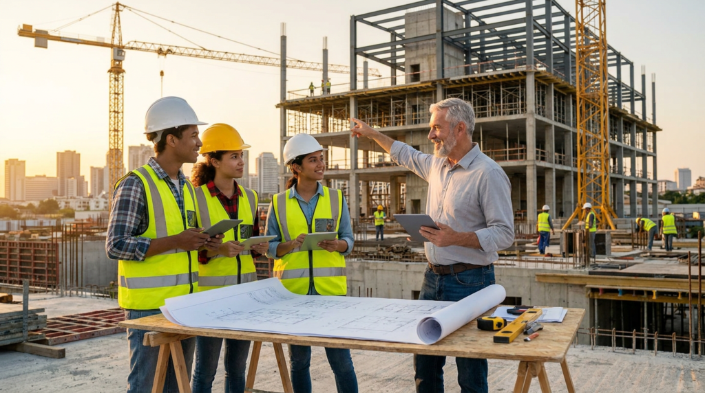 construction manager pointing to a work site with three young civil engineers for construction internship programs
