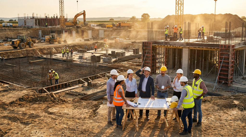 construction crew at sunset reviewing blueprints for summer staffing planning