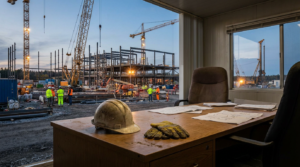 construction site from an office window, hinting at high safety manager turnover costs.