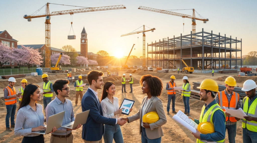 diverse construction graduate hiring event with students and professionals shaking hands on a busy building site.
