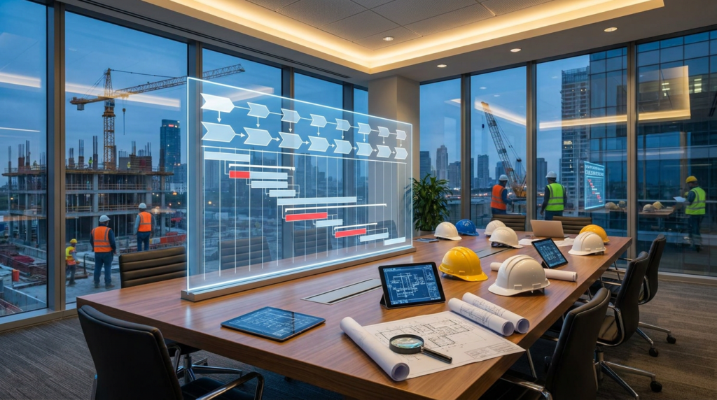 meeting room with an engineering talent timeline holographic display, hard hats, and construction blueprints.