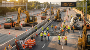 highway construction with numerous workers, excavators, and dump trucks; emergency highway hiring is needed.