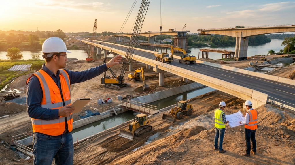 engineers overseeing a highway bridge under construction, ideal for infrastructure engineering jobs.