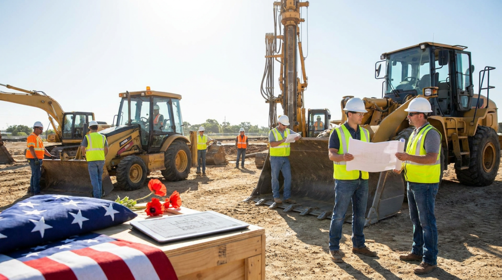 construction workers with heavy equipment and a folded american flag, representing memorial day construction staffing.