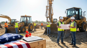 construction workers with heavy equipment and a folded american flag, representing memorial day construction staffing.