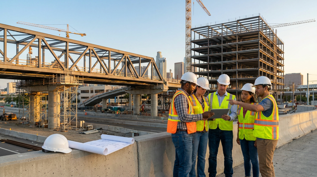 diverse team of structural engineers reviewing plans on a tablet at a construction site.