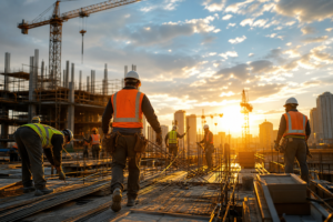 construction workers in safety gear on a building site at sunset, demonstrating expedited construction staffing