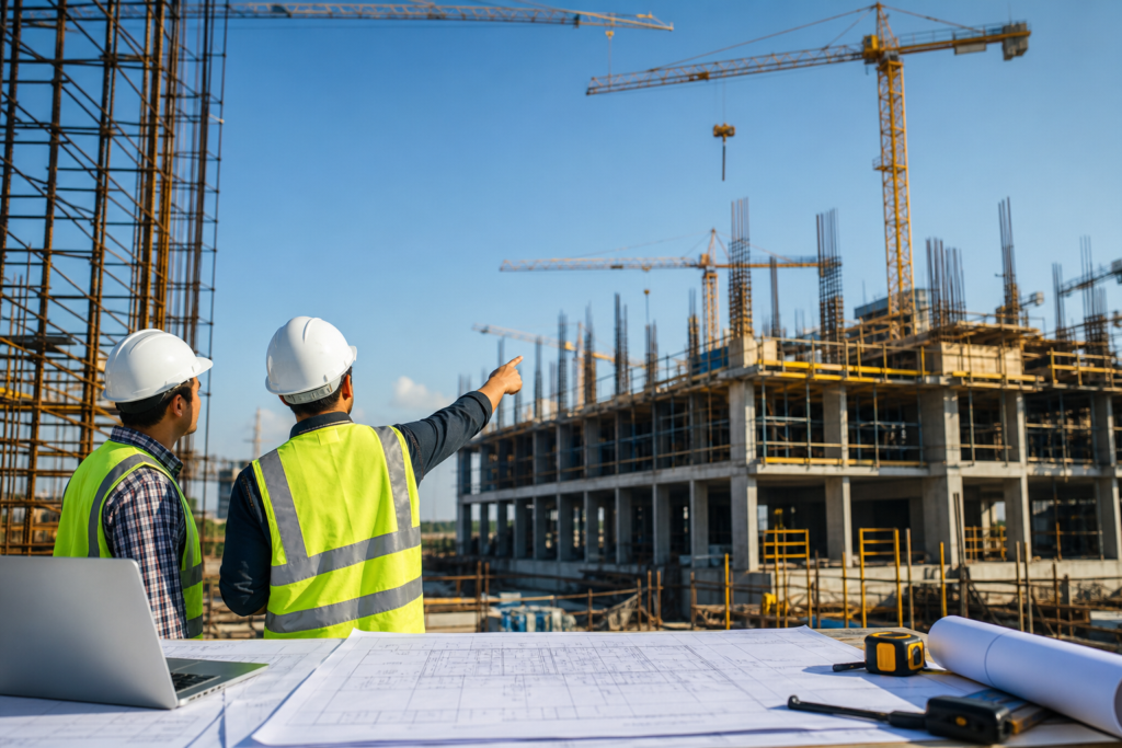 two construction workers overseeing a building site, perfect for strategic construction staffing.