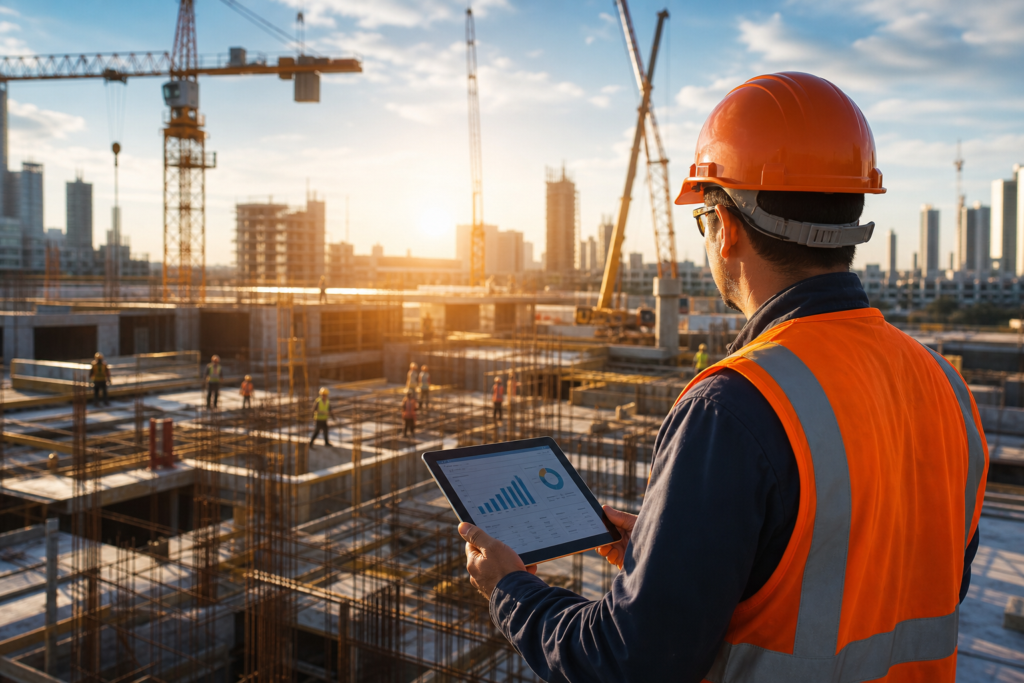engineer viewing construction staffing roi on a tablet at a sunny job site.