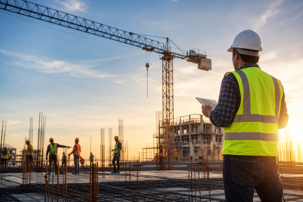 construction manager overlooking a busy site, planning for a summer construction staffing plan.