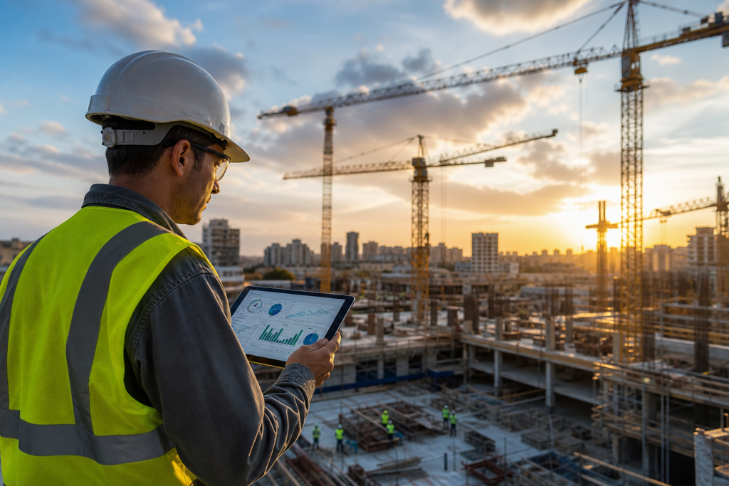 engineer in hard hat reviews k2 staffing analytics construction workforce analytics optimizing construction performance on tablet at sunset jobsite.