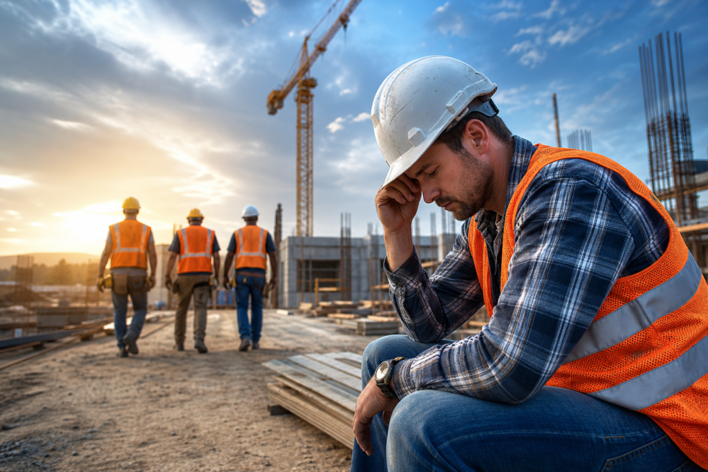 tired construction worker sitting while colleagues walk away, highlighting construction employee retention challenges.