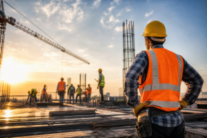 construction worker overlooking site at sunset, successfully recruiting construction tradesmen