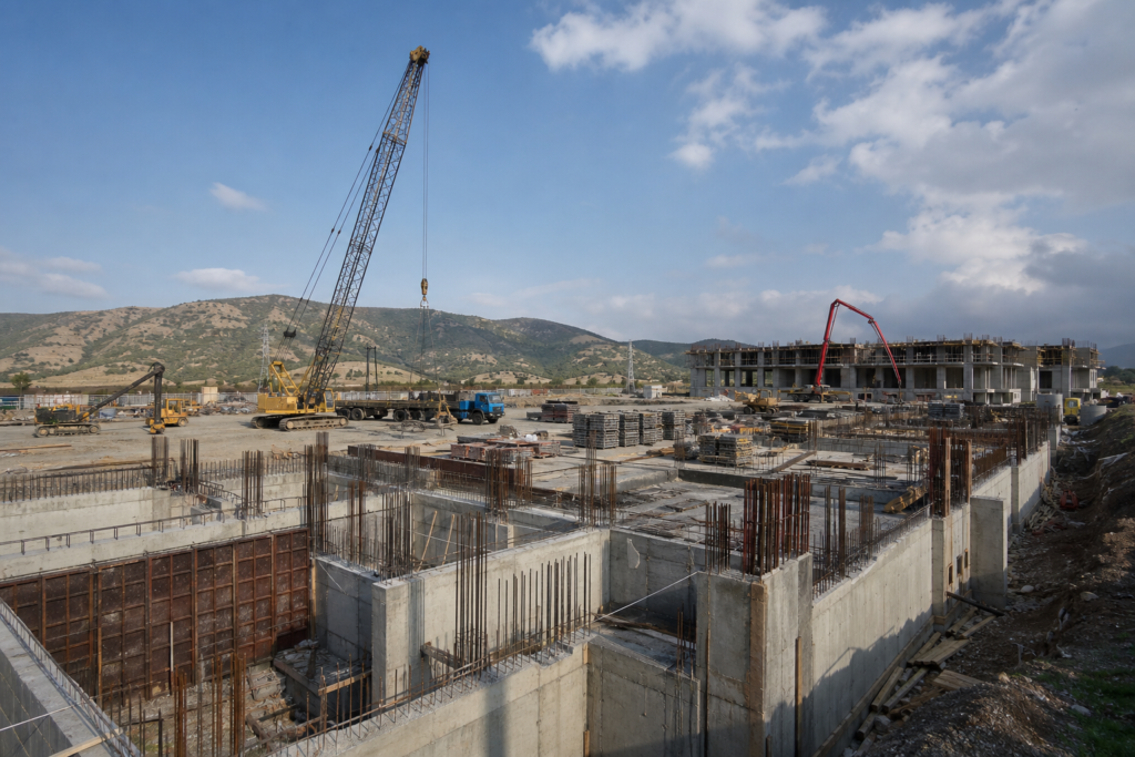 large construction site with heavy machinery, concrete structures, and mountain background, indicating construction holiday hiring needs.