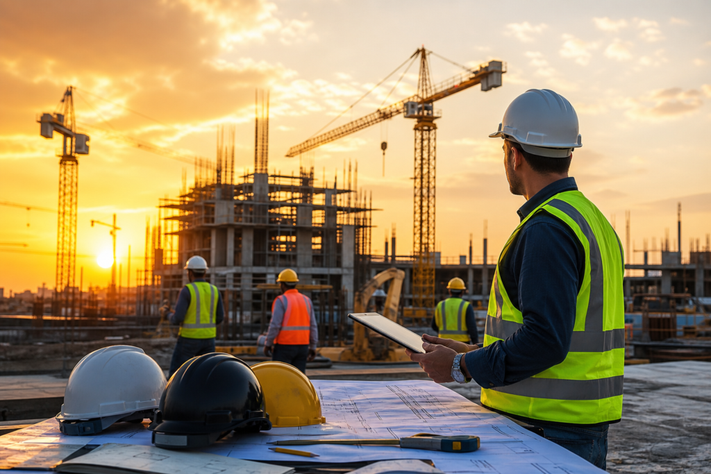 construction manager holding a tablet overseeing q4 construction hiring strategy at sunset job site.