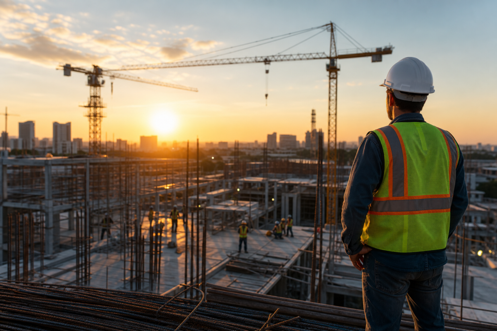 construction worker overseeing site with cranes at sunset for labor day construction staffing